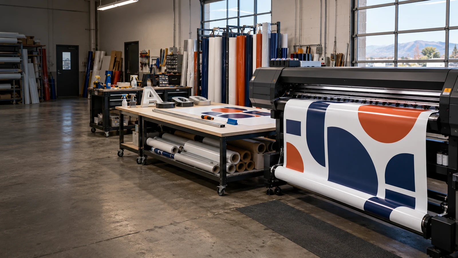Illustrative sign production workshop with a wide-format printer, vinyl rolls, and a finishing table