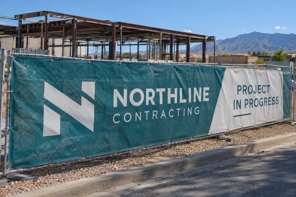 Illustrative Northline Contracting printed mesh banner on a commercial jobsite perimeter fence