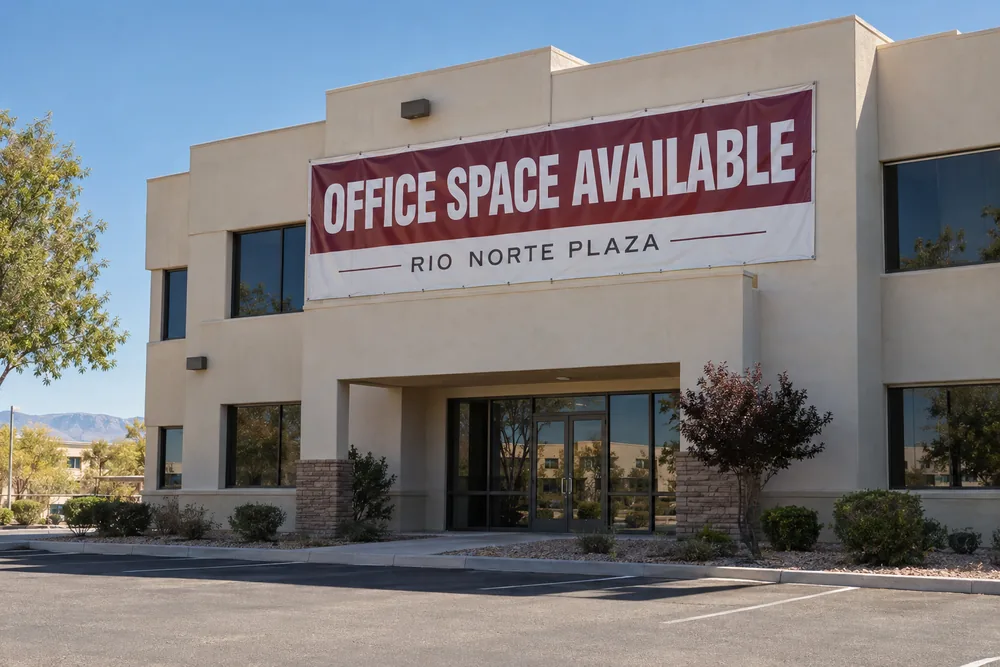 Illustrative Rio Norte Plaza office space banner mounted on a commercial building exterior
