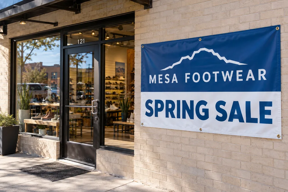 Illustrative Mesa Footwear spring sale vinyl banner mounted beside a retail entrance