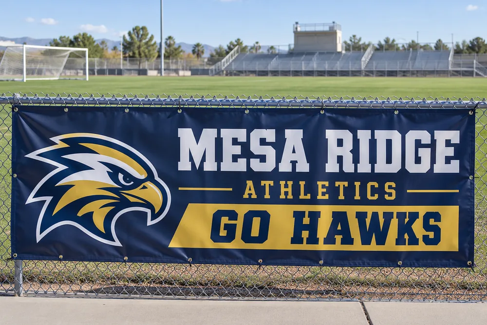 Illustrative Mesa Ridge Athletics team banner secured to a school sports-field fence