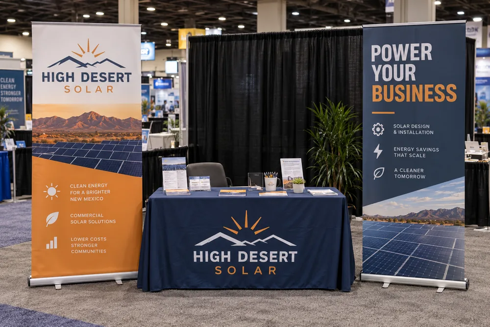 Illustrative High Desert Solar trade-show booth with two retractable banner displays