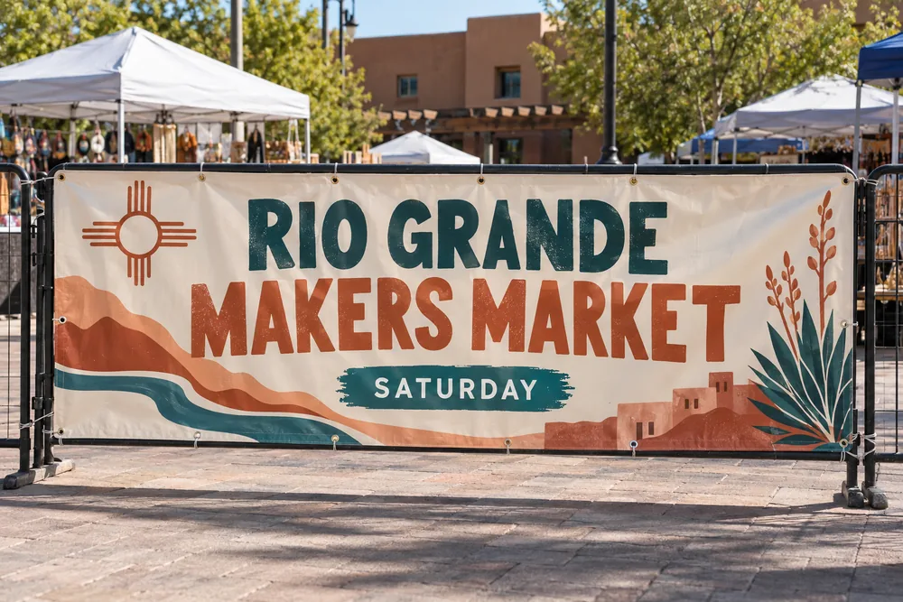 Illustrative Rio Grande Makers Market event banner attached to a plaza event barrier