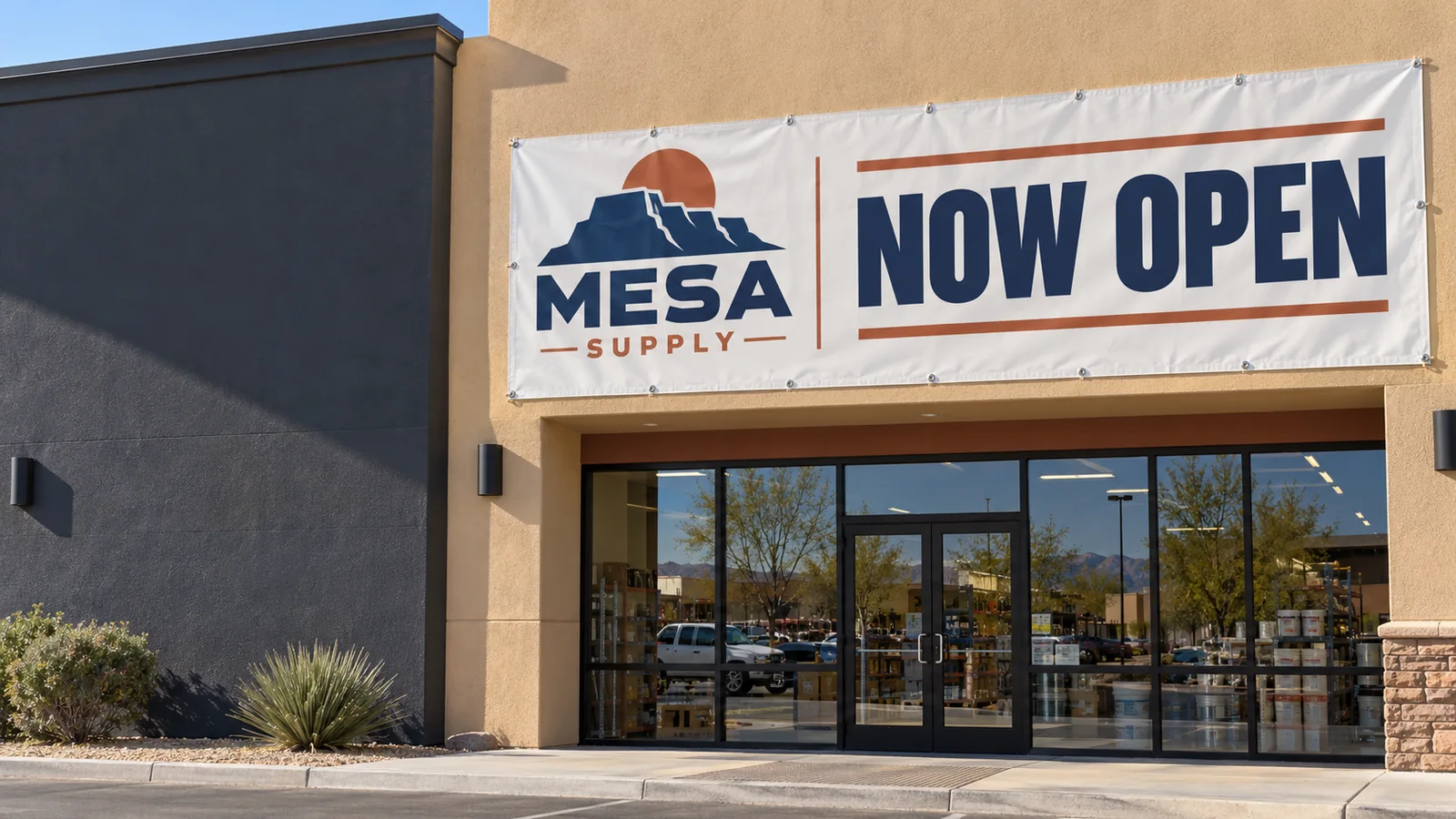 Illustrative Mesa Supply custom vinyl now open banner mounted on a Southwestern commercial storefront