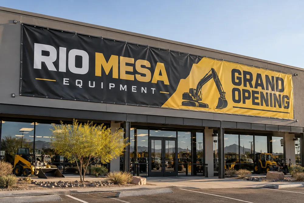 Illustrative oversized Rio Mesa Equipment grand opening banner mounted across a commercial facade