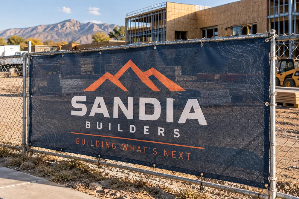 Illustrative Sandia Builders perforated mesh banner fastened to a construction fence