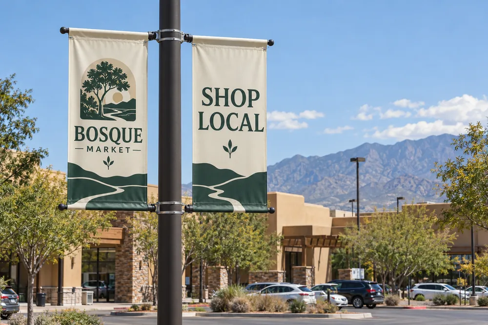 Illustrative Bosque Market pole banners held by upper and lower bracket arms in a shopping plaza