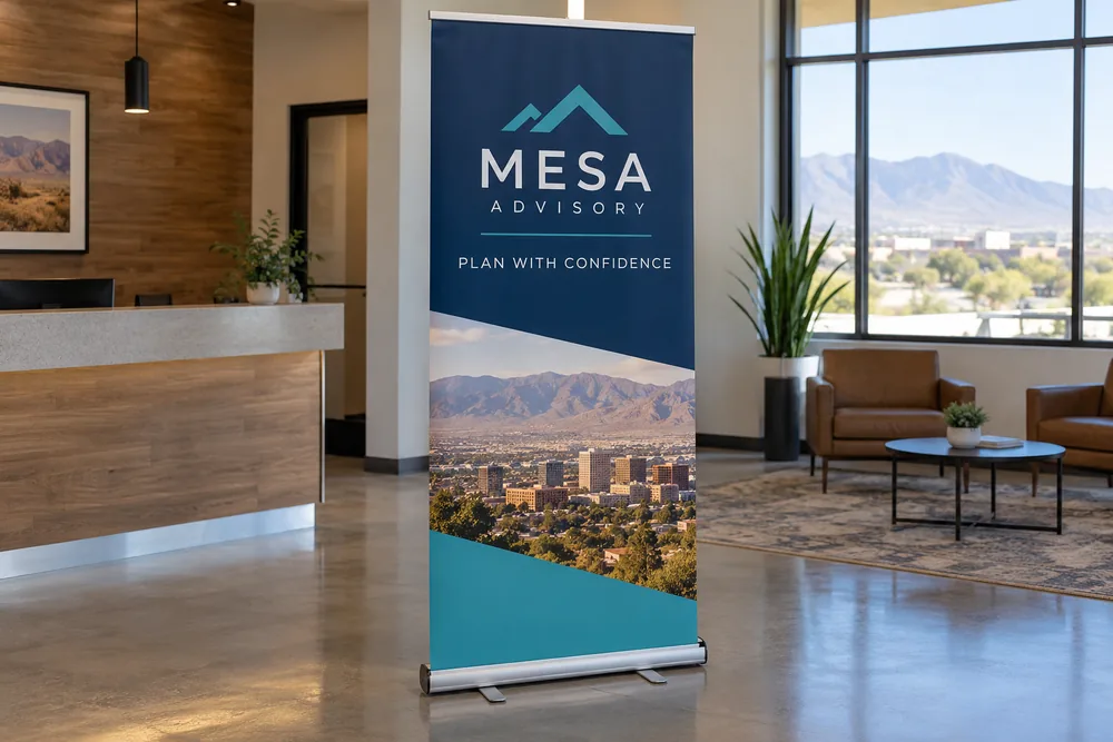 Illustrative Mesa Advisory retractable banner with an aluminum base displayed in a business lobby