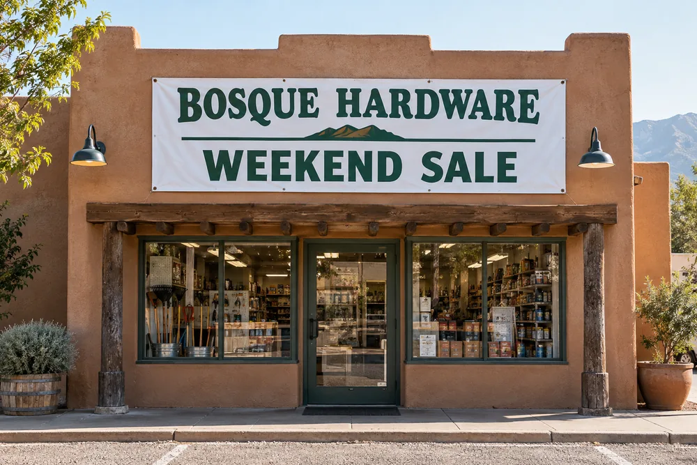 Illustrative Bosque Hardware storefront with a printed vinyl weekend sale banner secured above the entrance