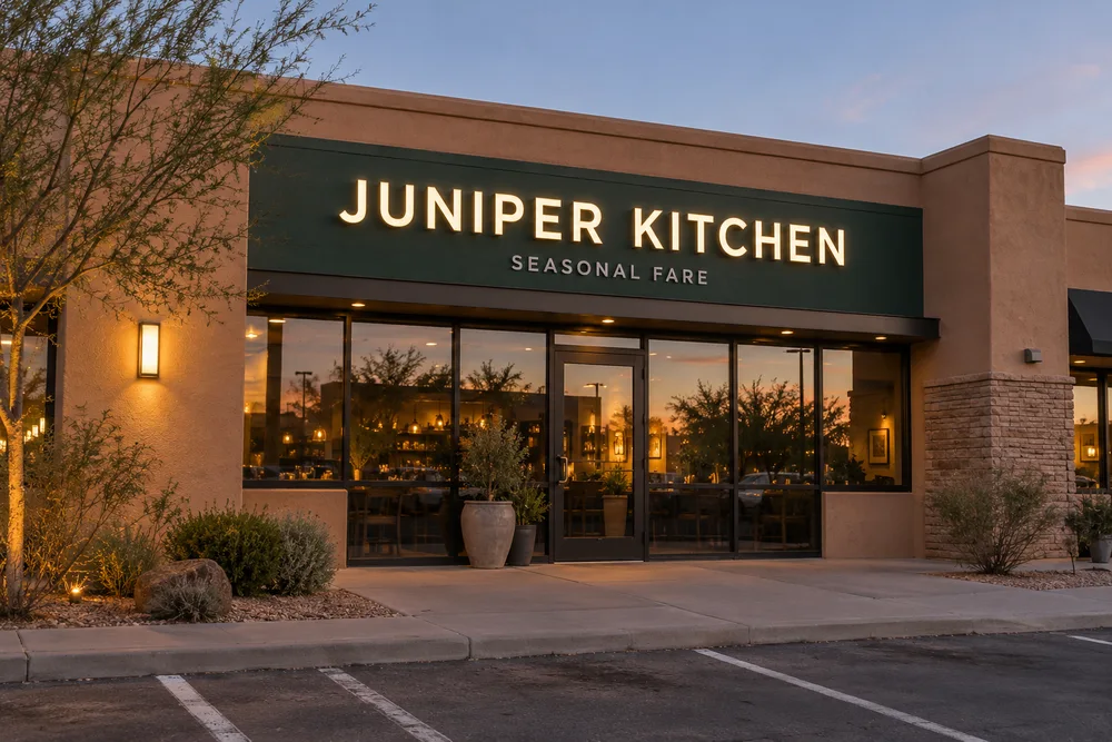Warm illuminated Juniper Kitchen channel letters on a stucco restaurant exterior at dusk