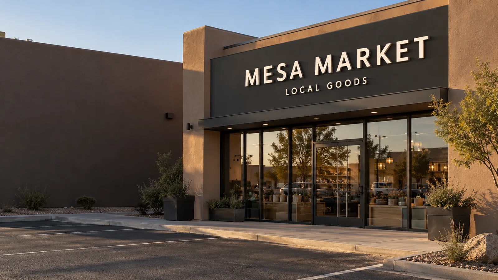 Dimensional Mesa Market storefront sign on a warm stucco commercial building