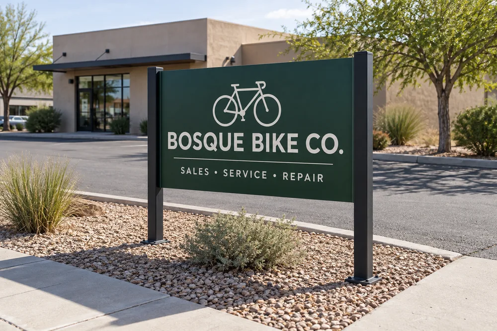 Freestanding Bosque Bike Co. post-and-panel sign beside a street-side driveway in desert landscaping
