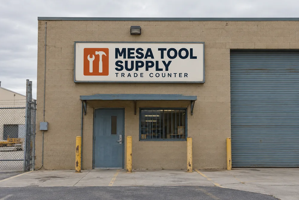 Fresh Mesa Tool Supply sign face fitted into an existing cabinet above a warehouse entrance