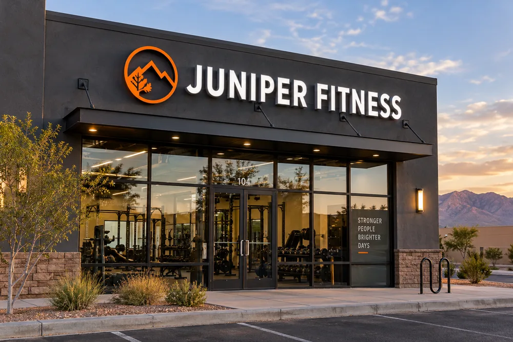 Illustrative Juniper Fitness individual illuminated channel letters on a commercial facade