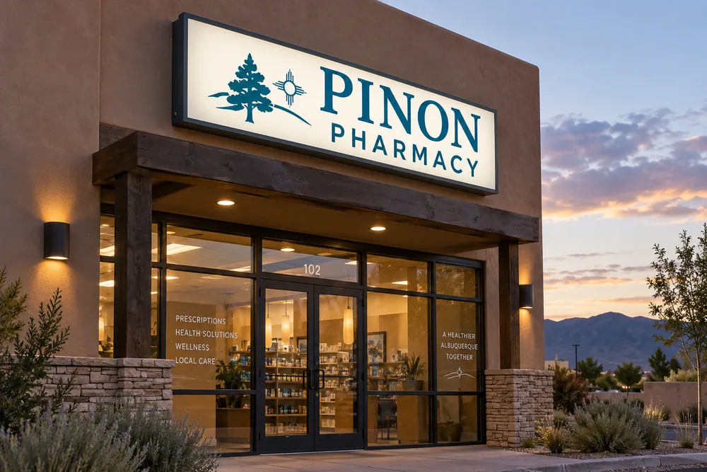 Illustrative Piñon Pharmacy cabinet sign illuminated evenly on a stucco exterior at dusk