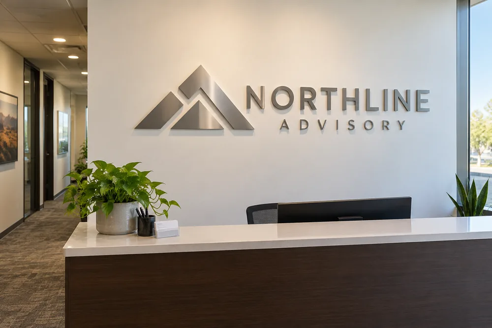 Illustrative Northline Advisory dimensional metal lobby logo and lettering behind a reception desk