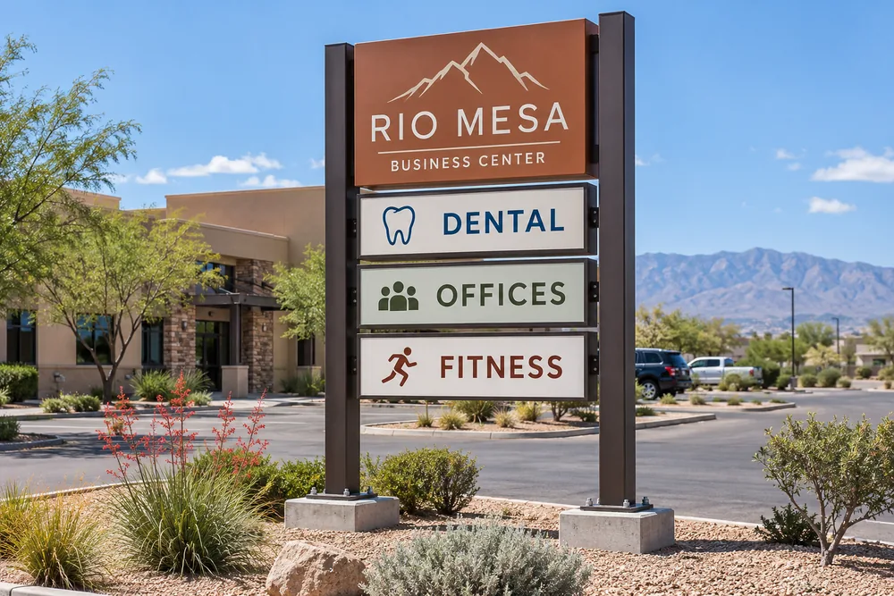 Illustrative Rio Mesa Business Center tenant sign secured to steel posts near a commercial driveway