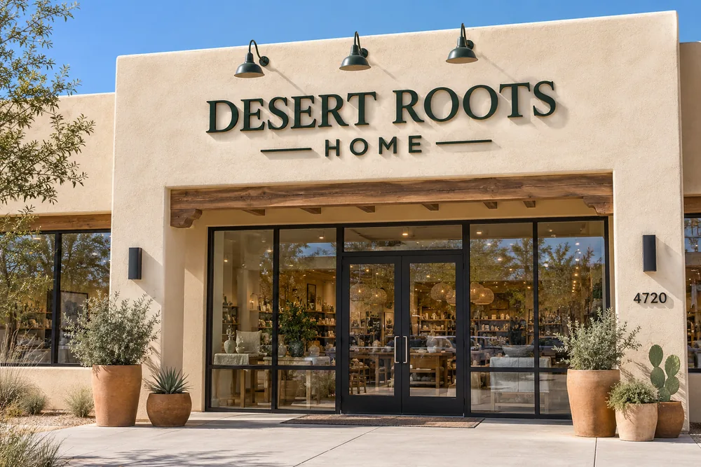 Illustrative Desert Roots Home dimensional storefront sign on a Southwestern building