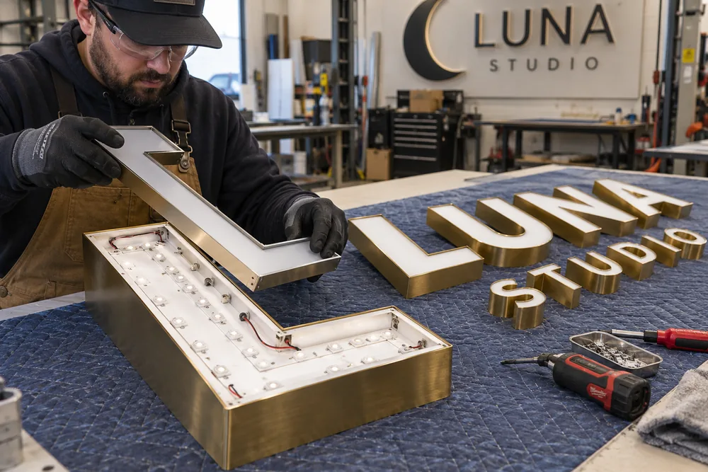 Illustrative Channel letter repair with exposed LED modules and an acrylic face on a workshop bench