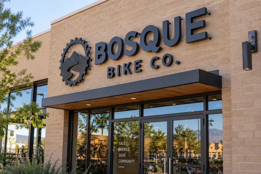 Illustrative Dimensional Bosque Bike Co storefront letters mounted on brick