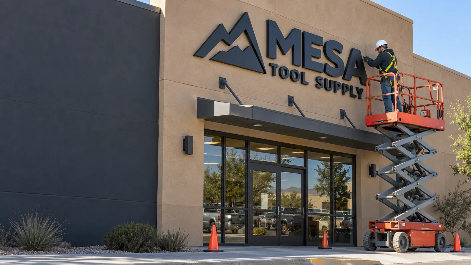 Illustrative technician safely servicing a Mesa Tool Supply storefront sign from a scissor lift
