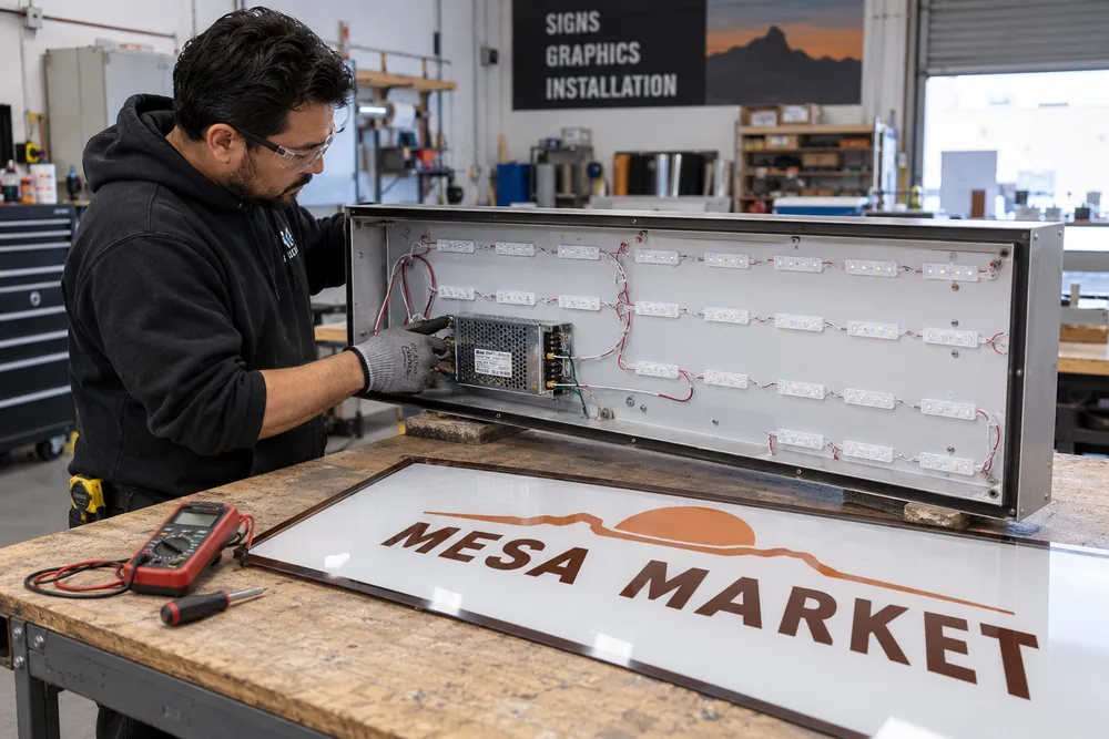 Illustrative Technician inspecting LED modules and a disconnected power supply in a Mesa Market sign cabinet