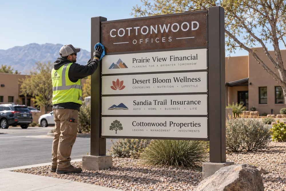 Illustrative Technician cleaning a Cottonwood Offices tenant directory during sign maintenance