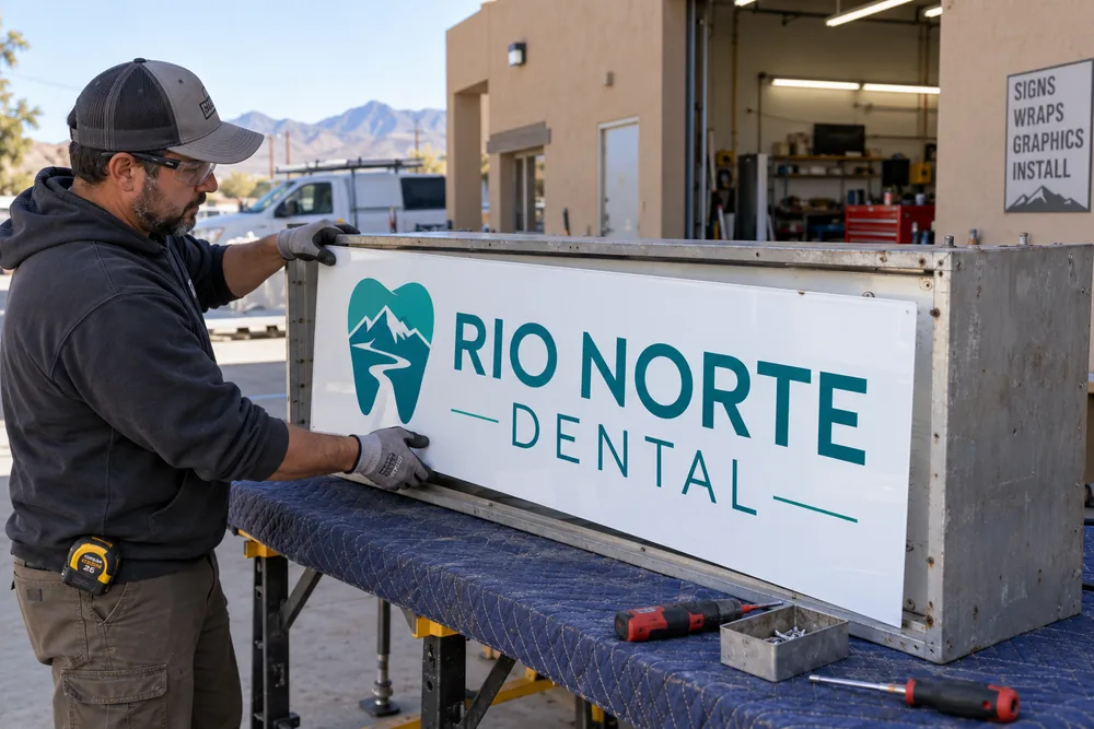 Illustrative Technician fitting a Rio Norte Dental replacement face into an existing sign cabinet