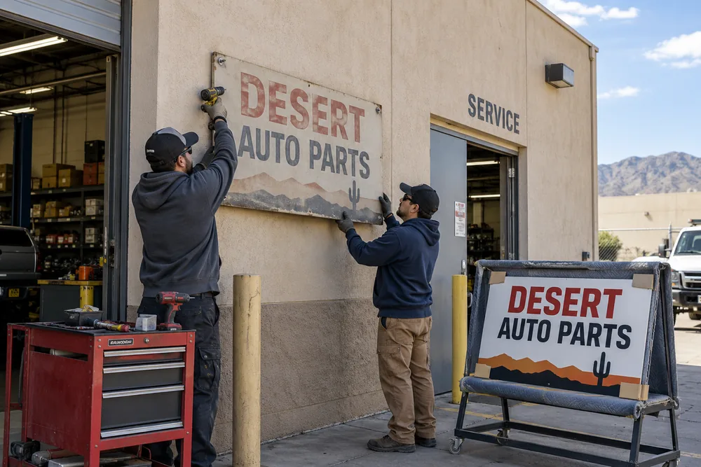 Illustrative Two technicians supporting an old Desert Auto Parts wall sign during removal