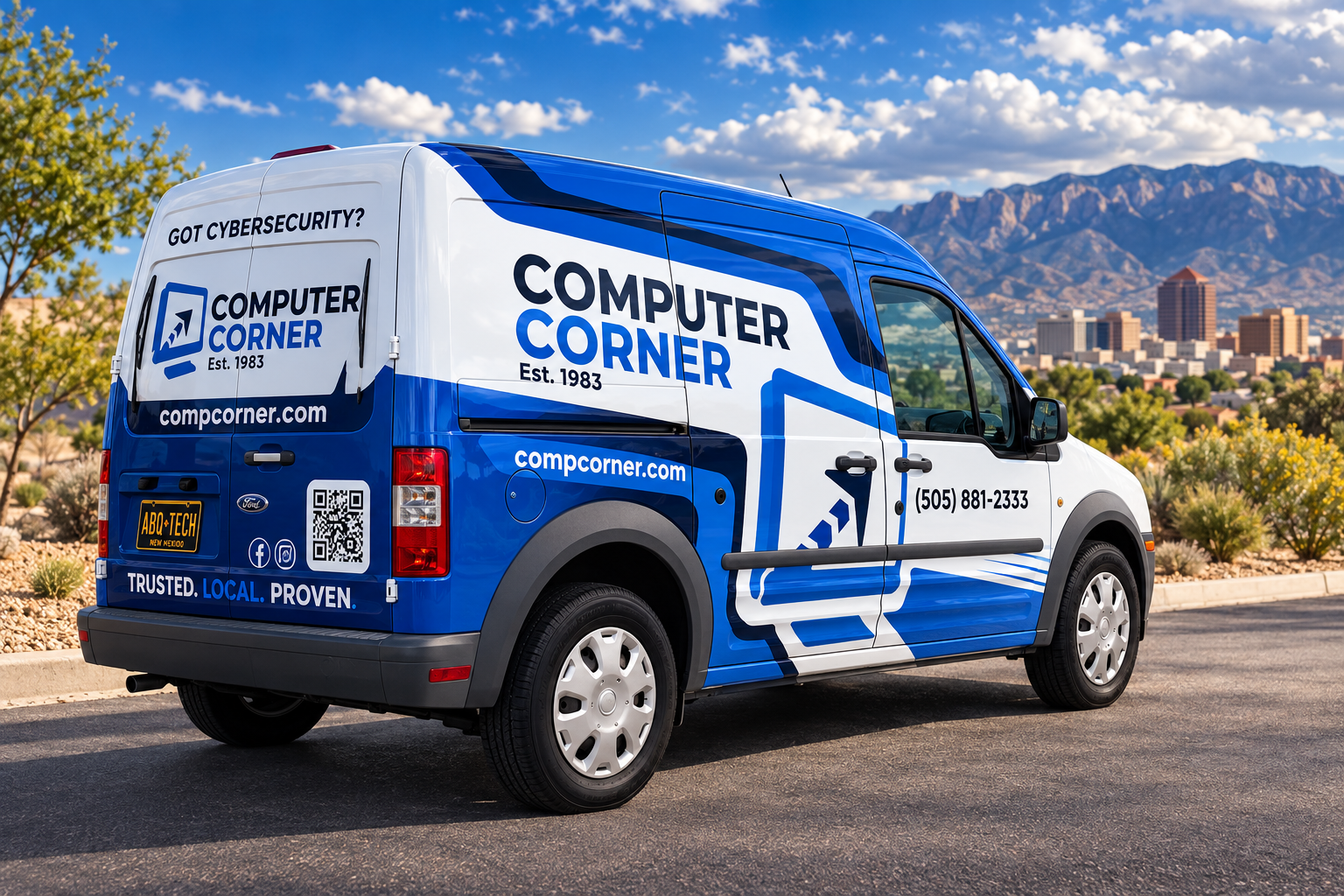 Computer Corner commercial van with custom business graphics