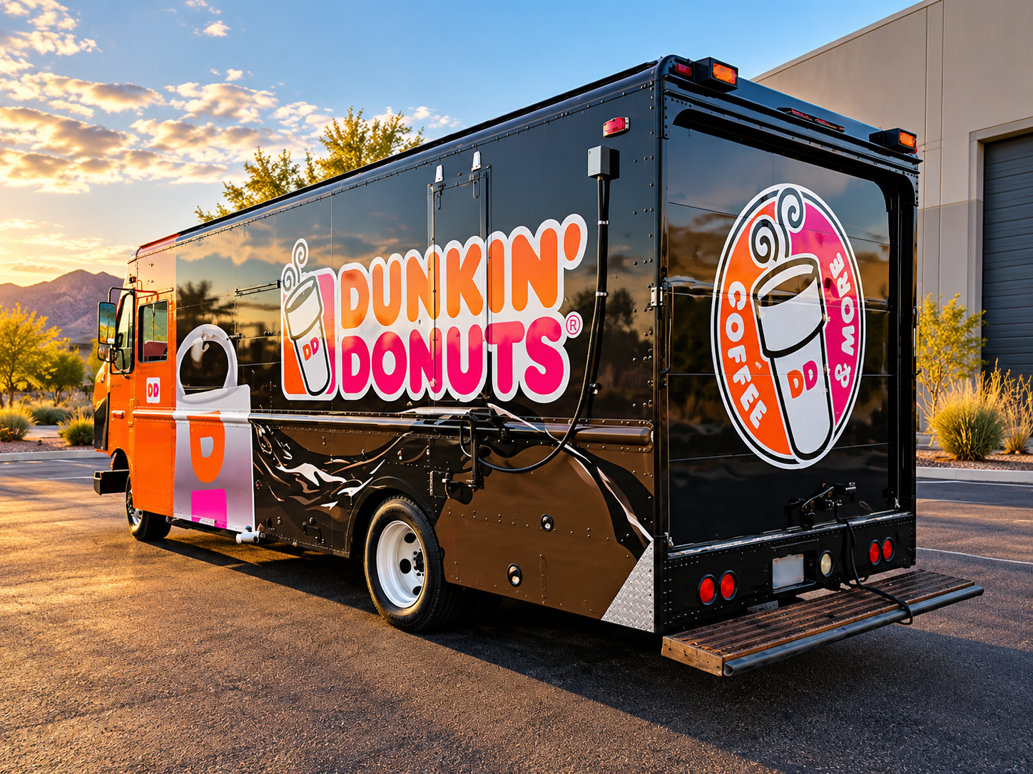 Dunkin Donuts food truck with branded pink and orange vehicle graphics