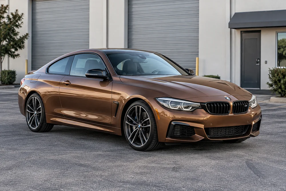 Modern sports coupe with a deep metallic bronze color-change wrap outside an automotive workshop