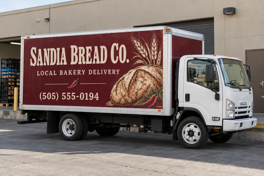 Sandia Bread Co. delivery box truck with a complete burgundy and cream wrap