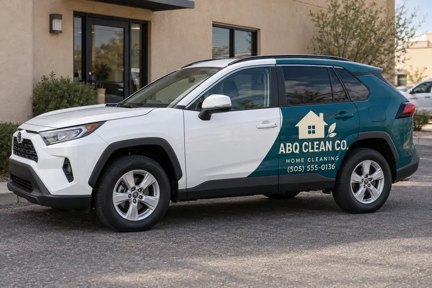 ABQ Clean Co. crossover with a teal half wrap and cleaning service contact information