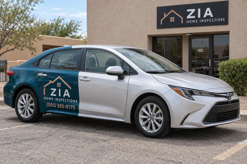 Zia Home Inspections sedan with navy and copper quarter-wrap branding on its rear door