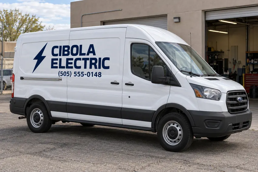 Cibola Electric service van with a large door logo, service details and phone number