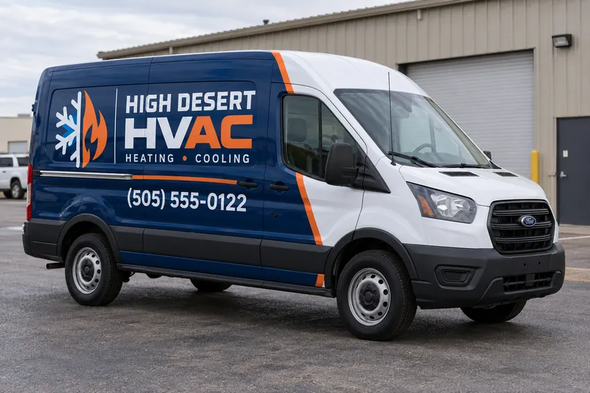 High Desert HVAC service van with navy and orange graphics across most side panels