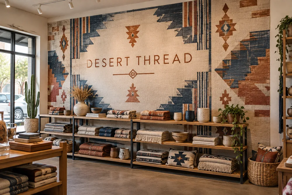 Desert Thread retail boutique with a custom Southwestern textile-inspired wall graphic behind merchandise shelves