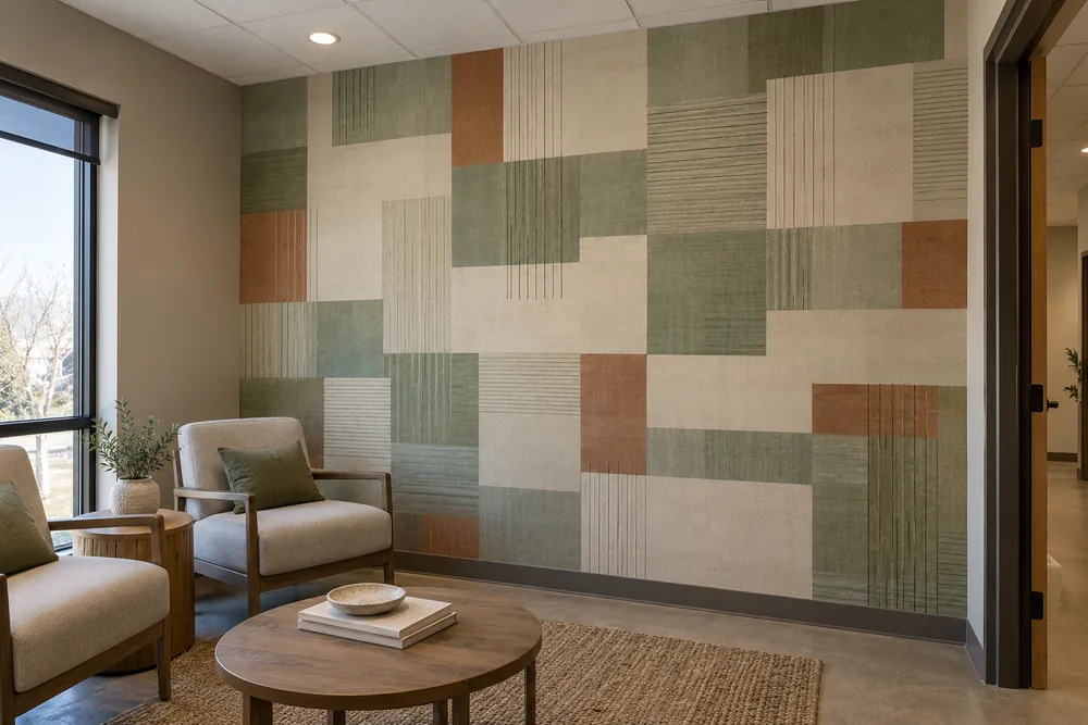 Wellness studio feature wall with a custom sage, cream and clay geometric printed wall covering