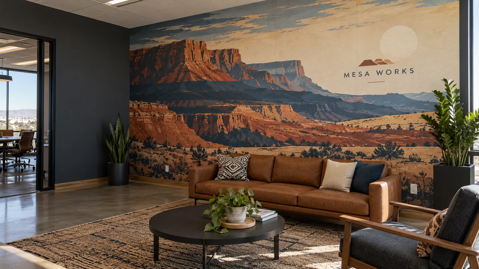 Mesa Works commercial lounge with a large-format custom Southwestern landscape wall graphic