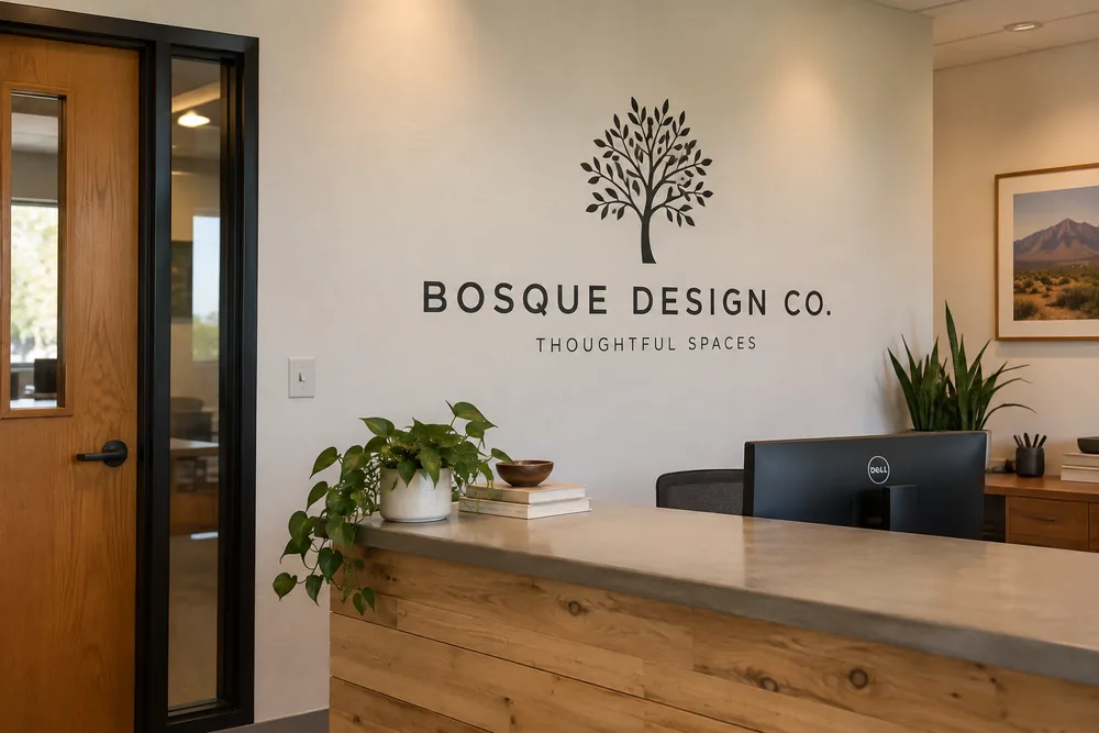 Bosque Design Co. reception with precision-cut charcoal vinyl logo and lettering on a painted wall