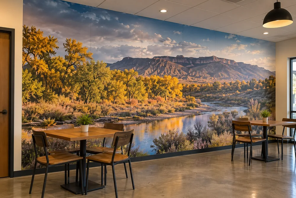 Large-format printed New Mexico river landscape mural installed in a commercial breakroom