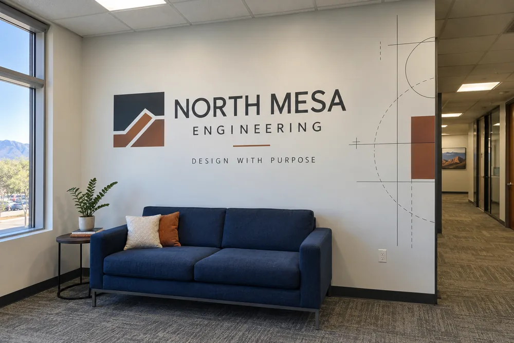 North Mesa Engineering office wall with custom flat vinyl branding and technical line graphics