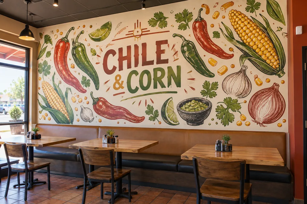 Chile & Corn restaurant dining area with a custom printed food illustration wall graphic