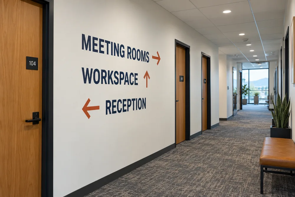 Office corridor with navy vinyl meeting room, workspace and reception directions applied to the wall
