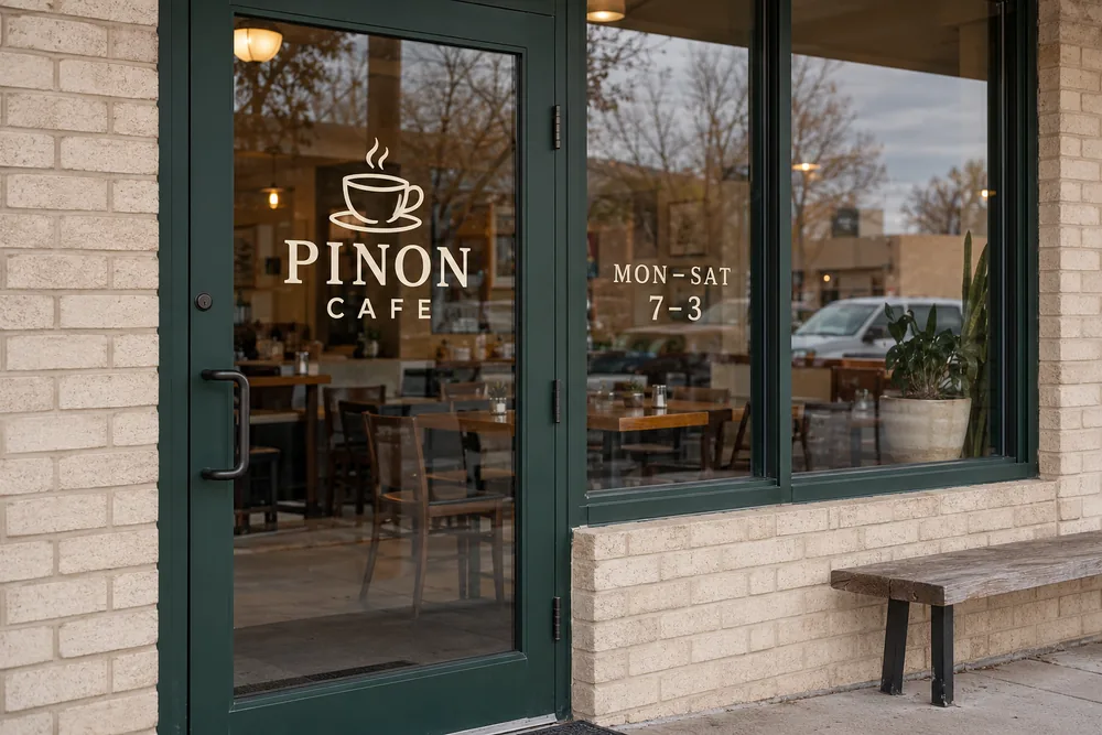 Pinon Cafe glass entrance with cream vinyl logo lettering and business hours