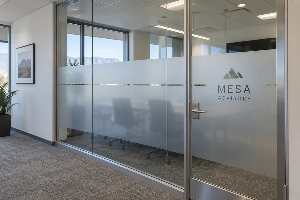 Mesa Advisory conference room glass with professionally installed frosted privacy film