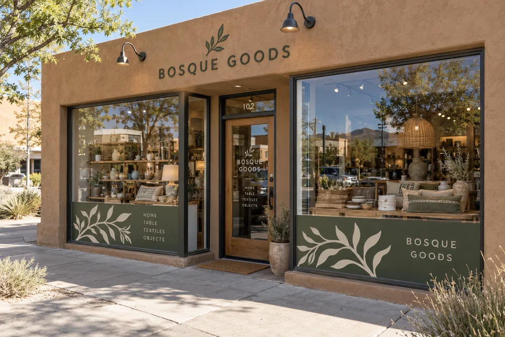 Bosque Goods retail storefront with olive and cream branded window graphics