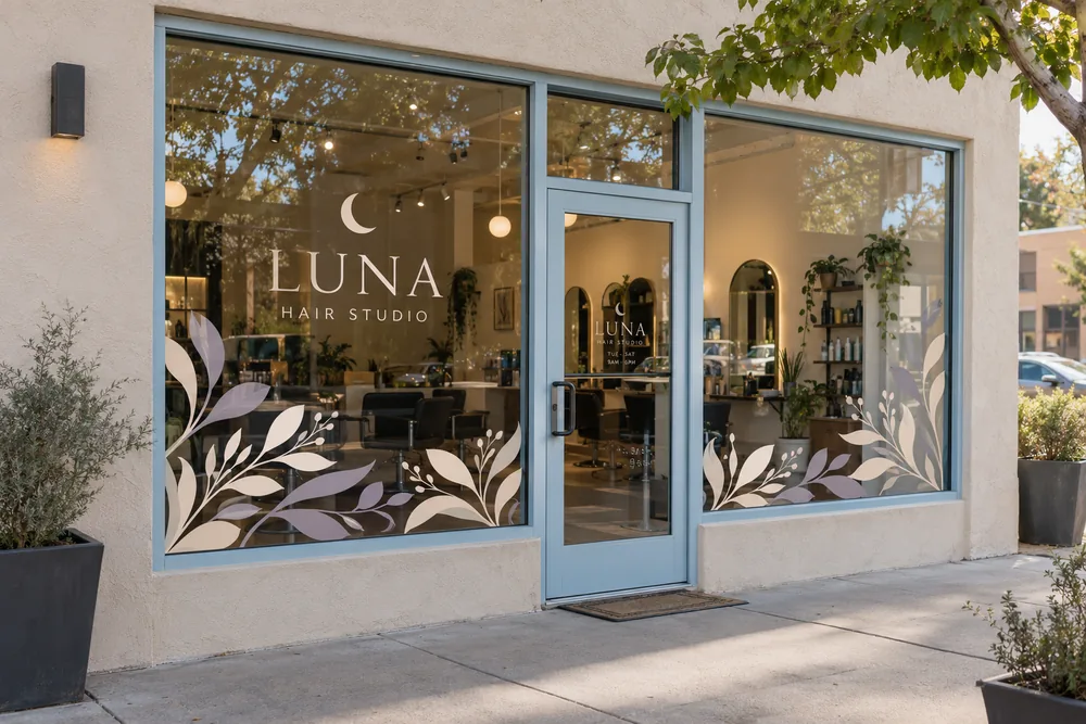 Luna Hair Studio storefront with ivory and lavender decorative botanical window vinyl