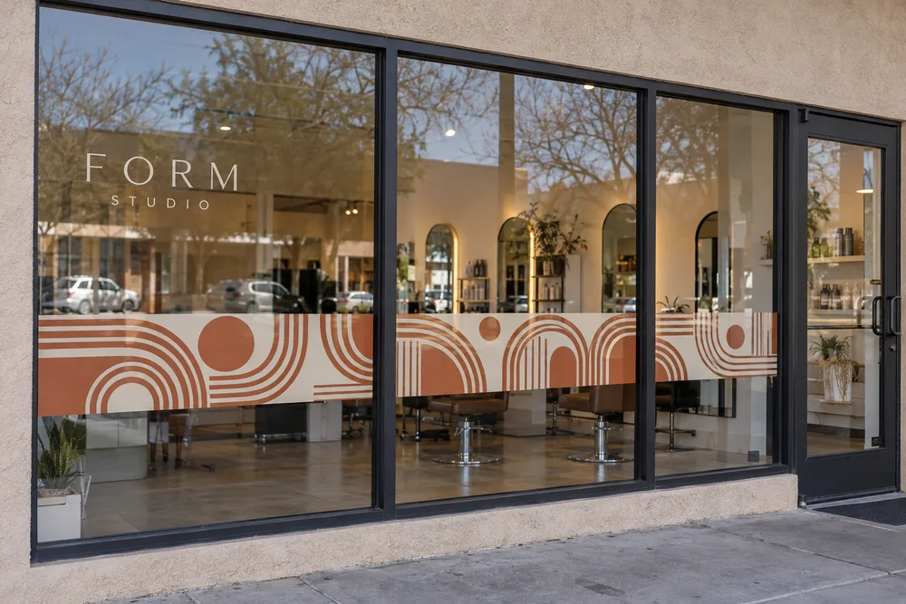 Form Studio salon windows with terracotta and ivory decorative arch graphics and clear glass above